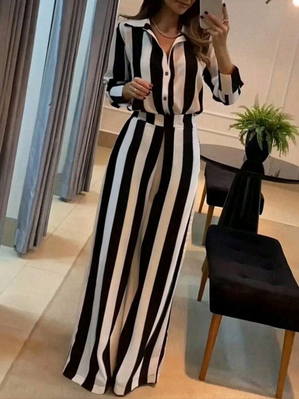 Women's French Elegant Casual, Black & White Long 2 Striped Long Pieces Set - Picture 1 of 6